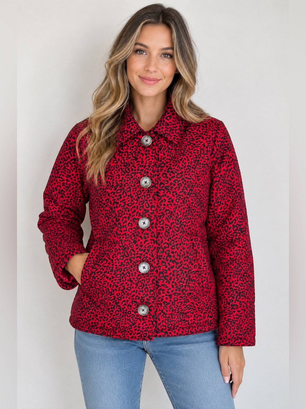 Chico's Quilted Red & Black Animal Print Button-Up Jacket Size Small NWT